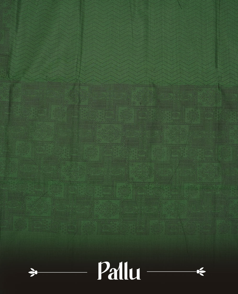 Dark green colour poly cotton saree with black zigzag line pattern on the body, paired with a matching pallu featuring black chevron lines and panelled floral‑paisley design, and a coordinated all‑over floral paisley patch‑style printed blouse piece.