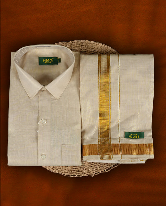 Gold colour shirt & dhoti set by HMG with rich zari border detailing, A timeless choice for weddings, poojas & traditional gifting.
