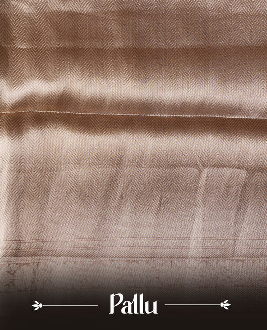 Silver colour Pure banaras tissue silk saree featuring Silver zari brocade design across body, with contrast pink colour with gold zari brocade border, finished with a matching blouse.