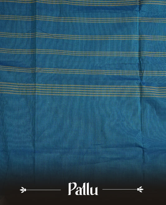 Blue Colour Chettinad Cotton Saree Featuring a Plain Body, Complemented by a Dark blue Colour Border with Gold Zari and  Pallu, Paired with a Matching Blouse Piece.