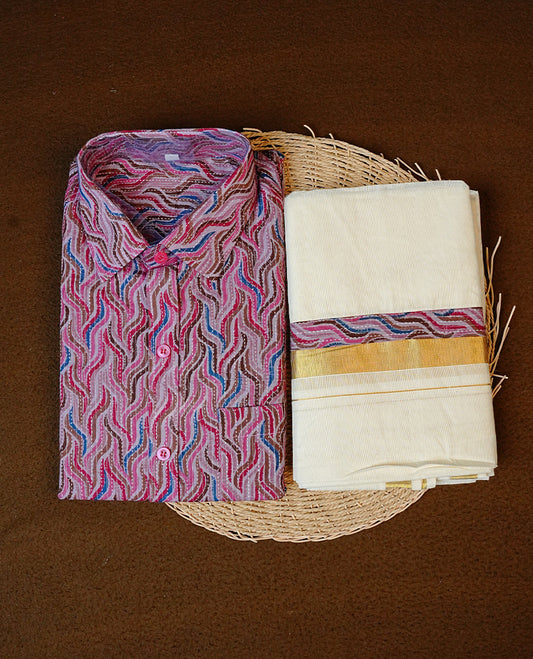 Wine Red Colour Wave Printed Full Sleeve shirt With Cotton Double Dhoti having Matching Prints