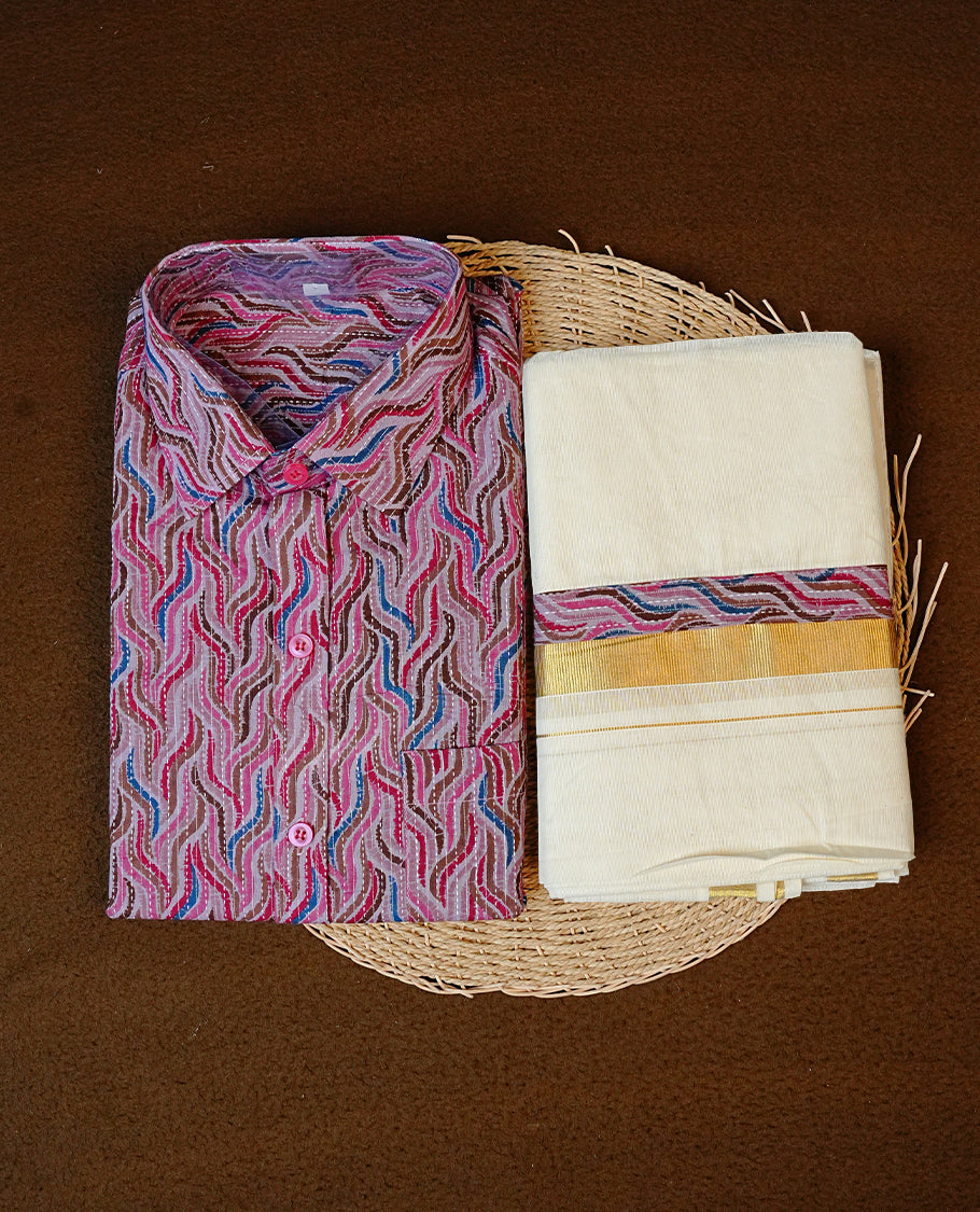 Wine Red Colour Wave Printed Full Sleeve shirt With Cotton Double Dhoti having Matching Prints