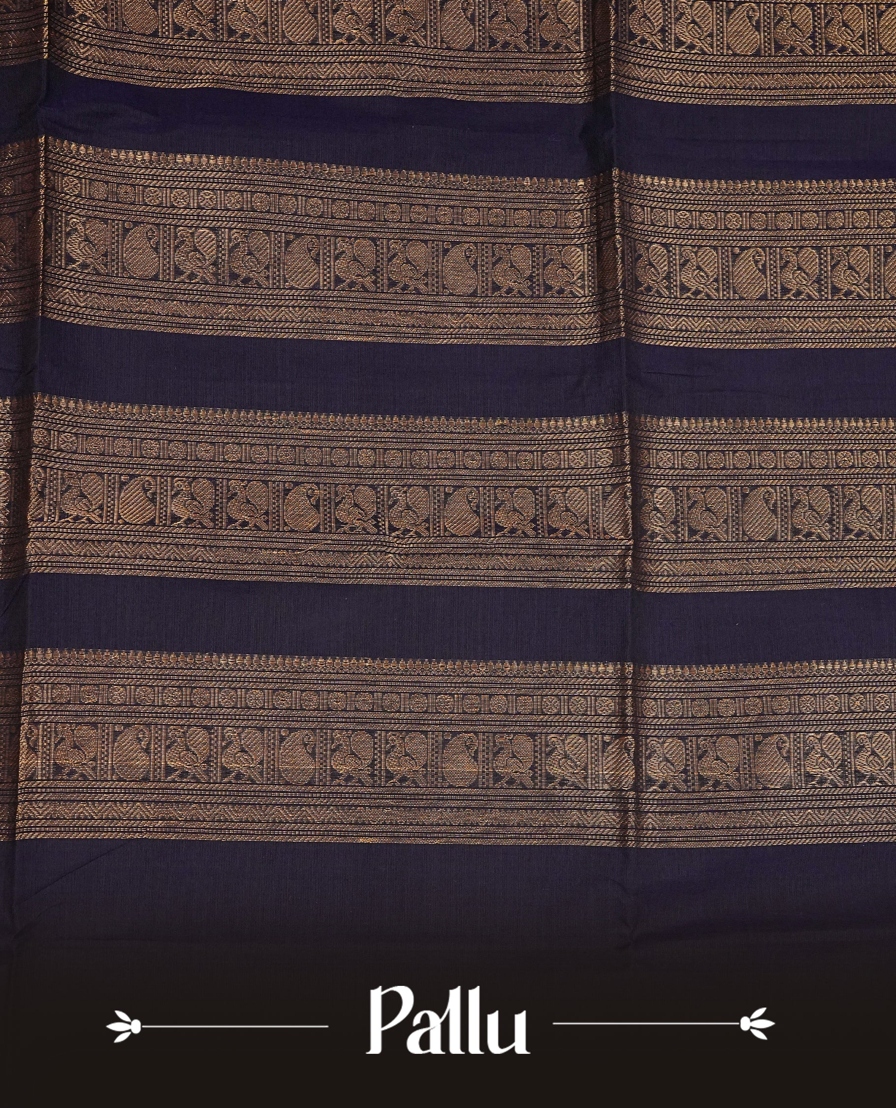 Navy Blue colour chettinad cotton saree featuring gold zari motifs on body, Contrast magenta & green colour with Gold zari border, comes with matching blouse piece.