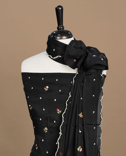 Black colour Mulchanderi salwar suit featuring thread floral buttas on the body and matching dupatta, paired with a santon bottom.