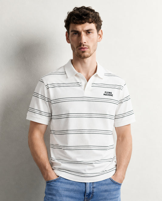 Off white colour Tshirt featuring Collar design neck, green strip body and Half sleeve.
