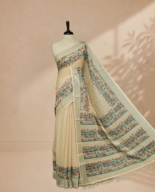 Beige Colour Semi Linen colour saree featuring Elegant Plain body & Thread buttas on border, paired with matching blouse piece thread worked border.