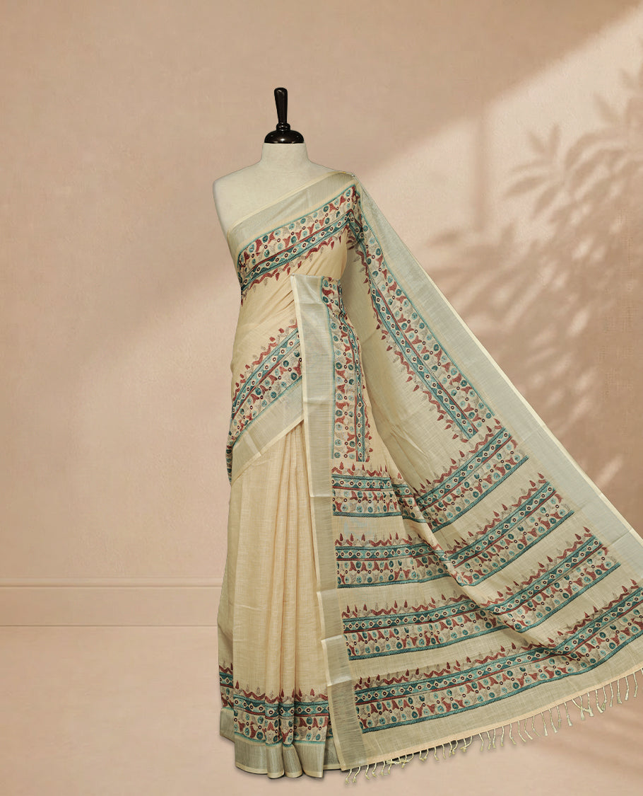Beige Colour Semi Linen colour saree featuring Thread buttas on body & border, paired with matching blouse piece thread worked border.