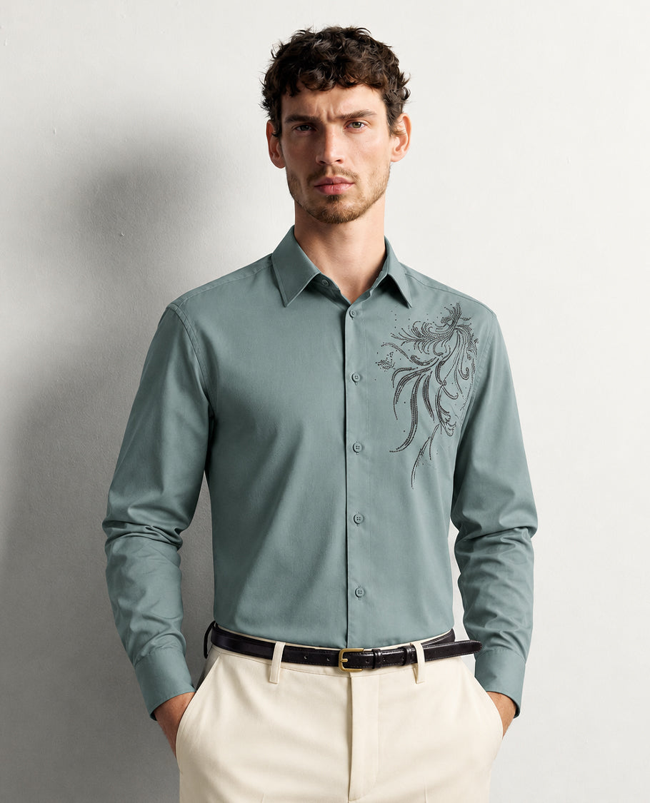 Steel colour shirt with Stone work on Shoulder portion, Full sleeve.