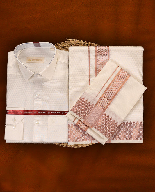 White copper MINISTER WHITE textured shirt with a subtle finish, paired with a matching dhoti highlighted by an elegant rose gold zari border and intricate woven patterns, perfect for a stylish festive look.