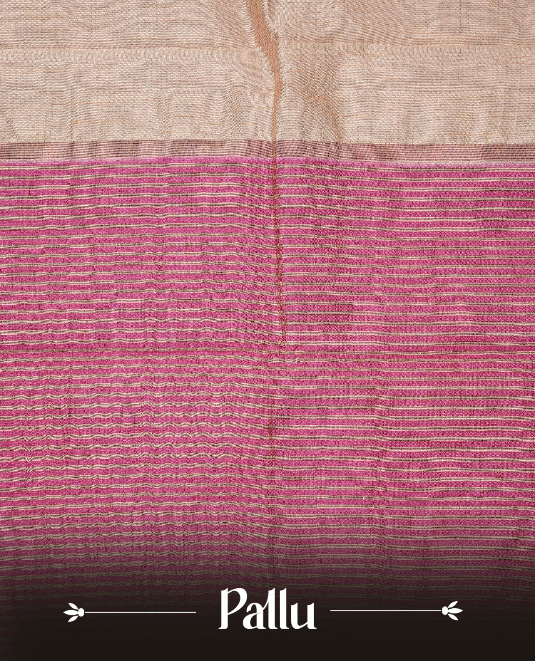 Light Gold Tussar saree featuring Gold zari buttas on body, complemented by contrast Magenta Colour with Gold zari border, comes with matching blouse piece.