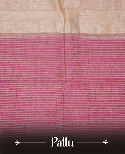 Light Gold Tussar saree featuring Gold zari buttas on body, complemented by contrast Magenta Colour with Gold zari border, comes with matching blouse piece.