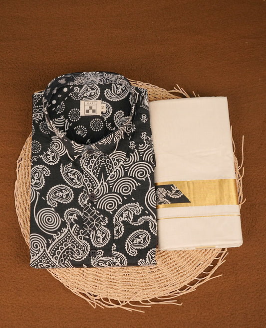 Black colour shirt featuring Floral Pattern printed body, paired with cream colour double dhoti featuring gold zari with same pattern printed border.