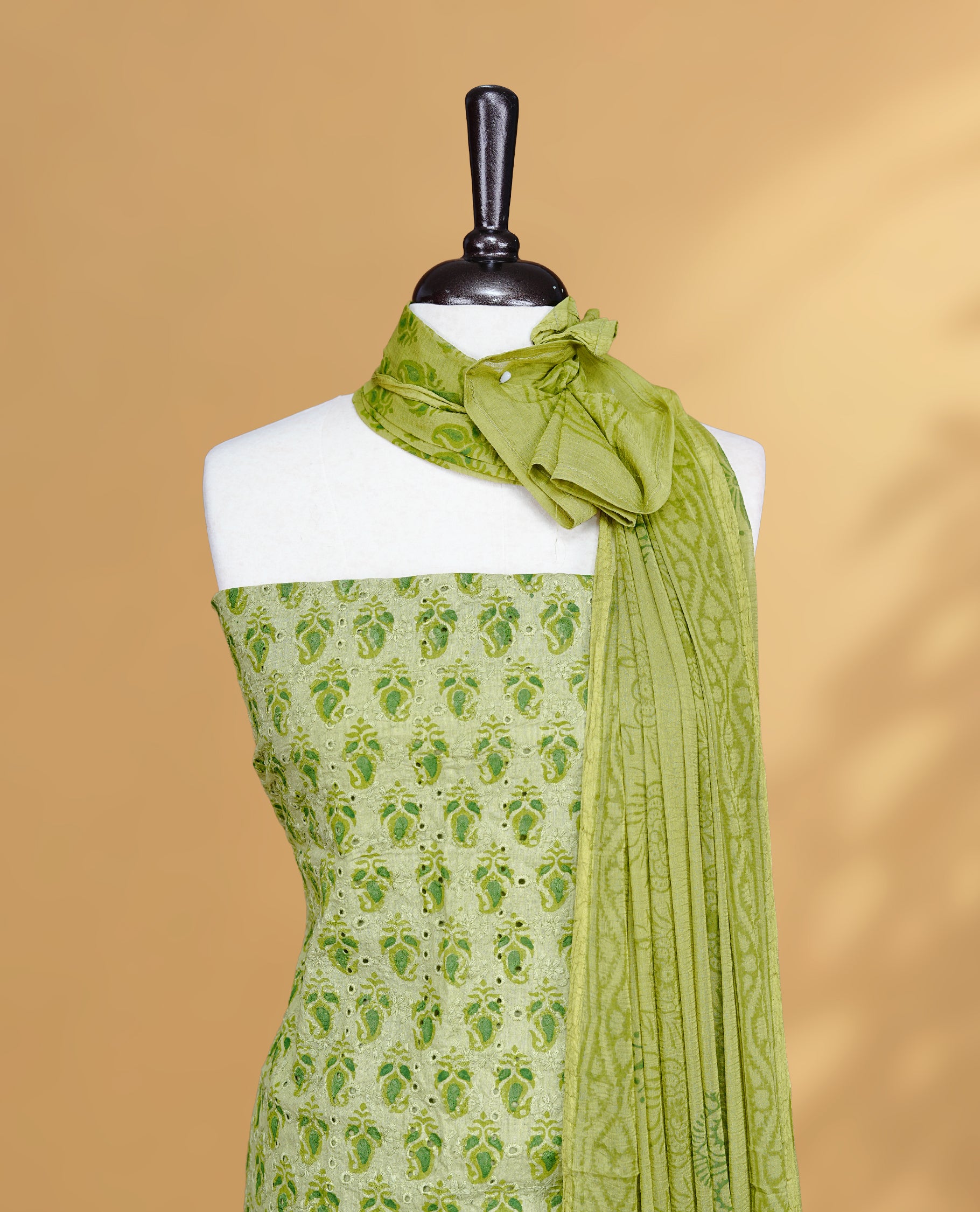 Green Colour Salwar Material Featuring Thread & Hokoda, Mango print Work On Body, paired with matching bottom & Dupatta.