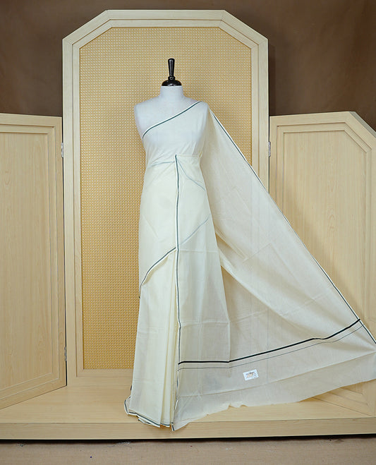 Cream Colour Cotton Kerala Saree Featuring A Classy Plain Body For Effortless Elegance, Enhanced By A Minimalist Black Border, Paired With A Matching Blouse Piece.