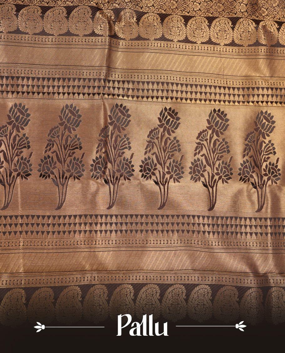 Dark coffee brown colour kancheepuram silk saree featuring antique gold zari jacquard on body with traditional border, paired with plain matching blouse piece.