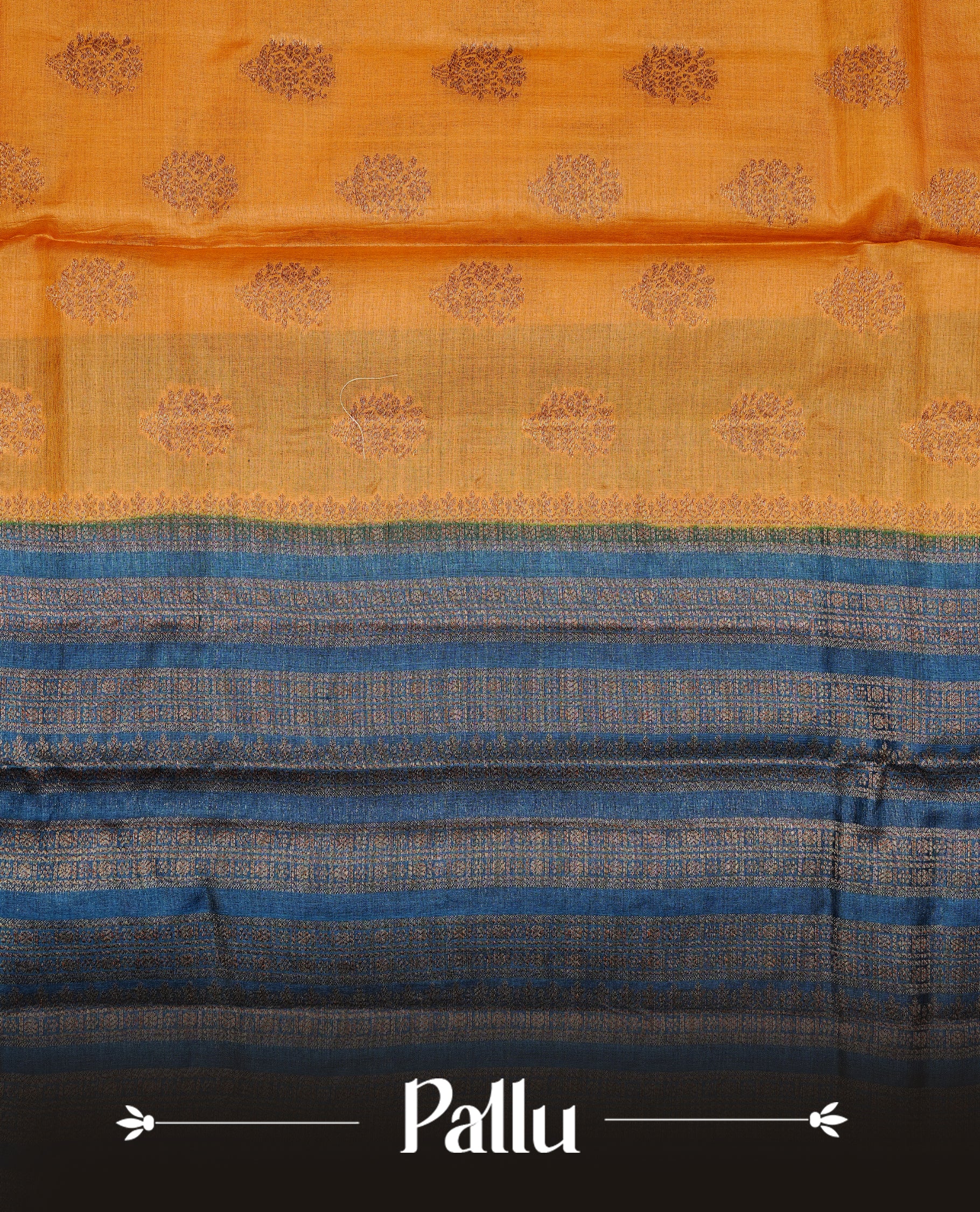 Mustard colour pure tussar banaras silk saree featuring gold zari motifs on body, highlighting contrast teal colour with zari border, paired with matching blouse piece.