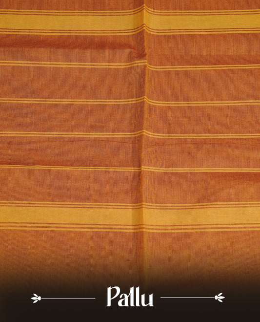 Mustard Orange colour chettinad cotton saree featuring elegant plain body, Contrast Chocolate colour with Gold zari border, comes with matching blouse piece.