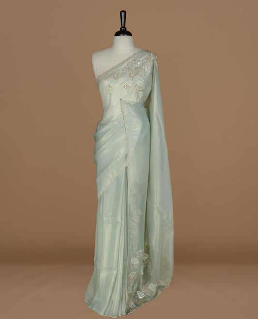 Pastel green colour net organza saree featuring thread, sequins, cut beats worked on body, highlighting scalp border, paired with matching blouse piece.