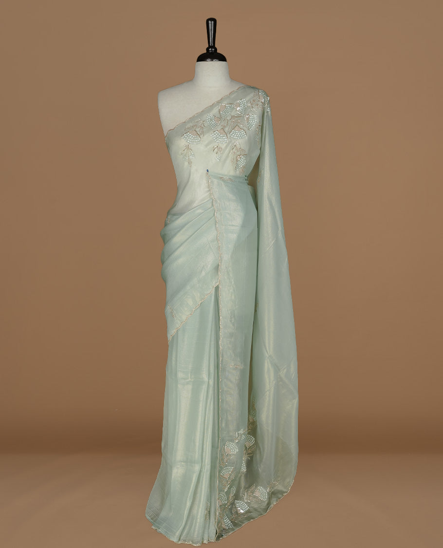 Pastel green colour net organza saree featuring thread, sequins, cut beats worked on body, highlighting scalp border, paired with matching blouse piece.