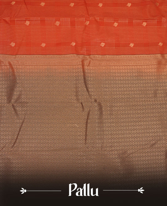 Dark Rust orange colour semi silk saree featuring gold zari checks and small motifs on body highlighting contrast dark chocolate border , paired with matching blouse