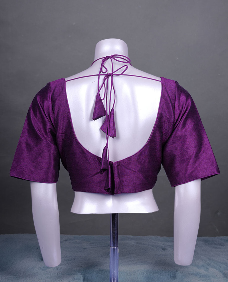 Grape purple colour silk padded readymade blouse with elbow-length sleeves, a V-neck front, and a deep U-back with tie-up dori.