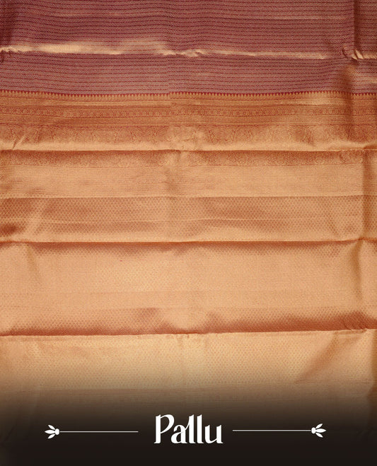 Gold & Maroon double shade colour kancheepuram tissue silk saree featuring gold zari stripeson pattern on body, complemented by contrast maroon colour with traditional border, paired with matching blouse piece.