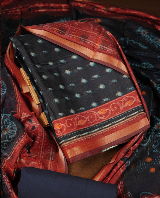 Black churidar material featuring a subtle dotted printed body, paired with an intricately printed maroon dupatta
