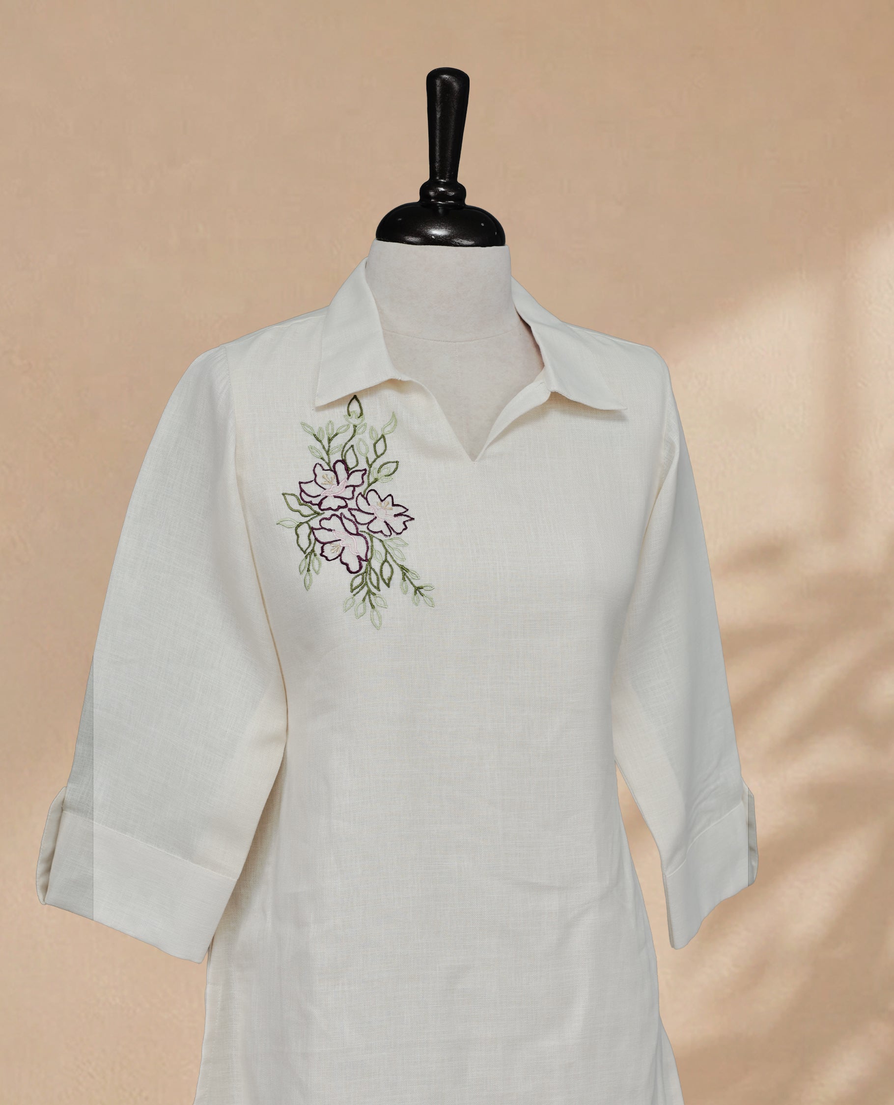Cream Colour Kurti with Floral Embroidery, Collared V-Neck and Sleeves