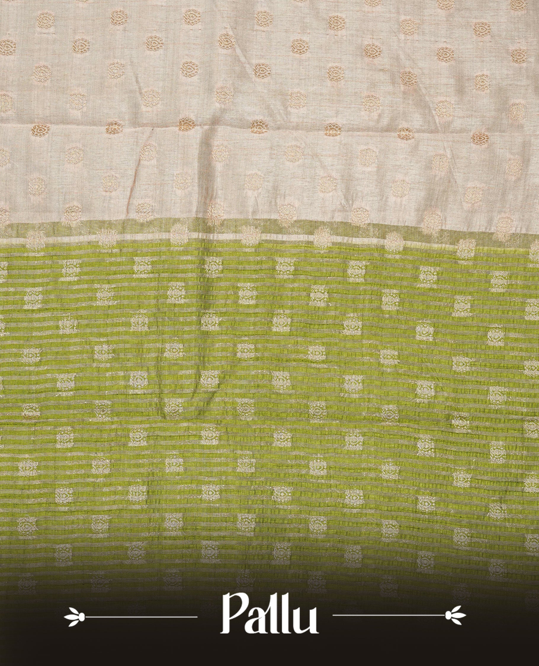 Light Gold Tussar saree featuring Gold zari buttas on body, complemented by contrast light green Colour with Gold zari border, comes with matching blouse piece.