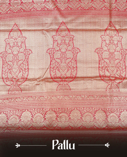 Light gold colour Semi tissue silk saree featuring Gold & Red zari kodi pattern on body, Contrast Red colour with traditional border, paired with matching.