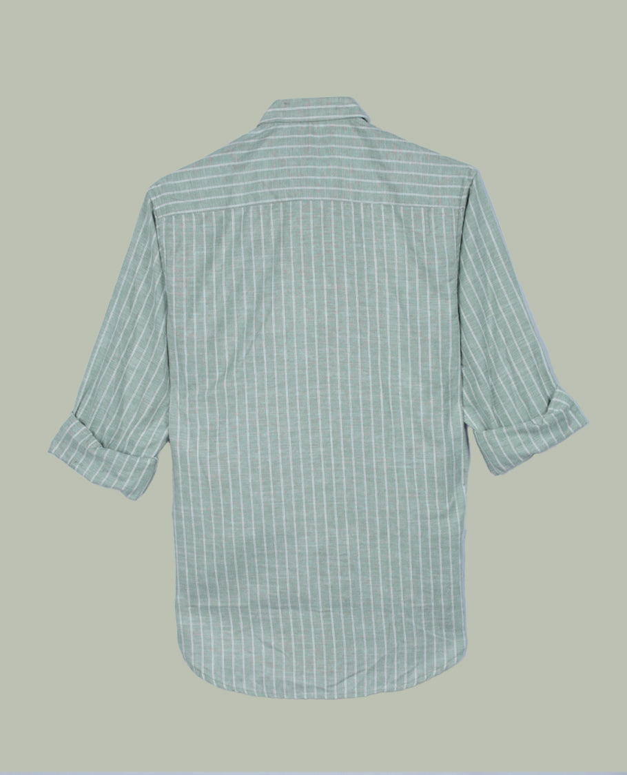 Pastel green and white colour striped shirt in soft cotton, featuring vertical lines for a sleek, timeless look, Designed with a classic collar and full sleeves, it blends effortless style with everyday comfort.