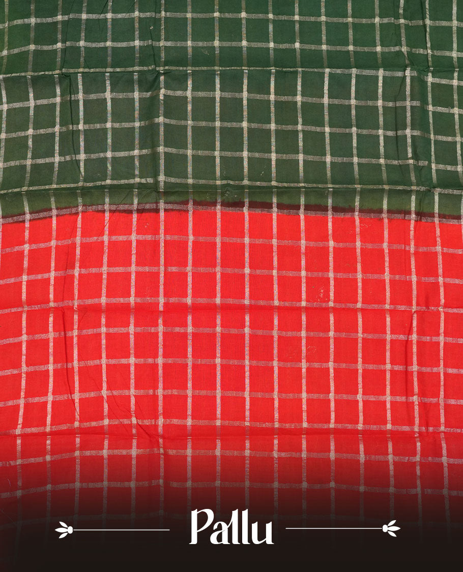 Bottle green colour chettinad cotton saree with silver zari checkered pattern on the body, paired with a contrast red colour pallu featuring silver zari floral border, and a coordinated red checkered blouse piece with matching silver zari border.