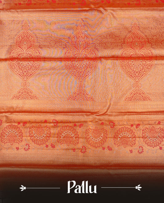 Light gold  colour Semi tissue silk saree featuring Gold zari kodi & Red zari Motifs on body, Contrast Red colour with traditional border, paired with matching.