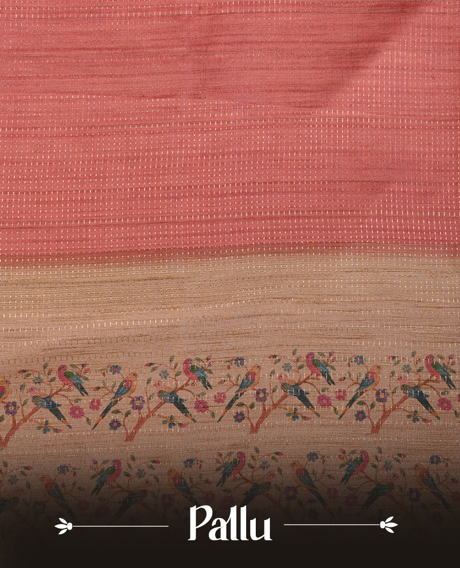 Peach colour tussar saree featuring golden zari dot stripped pattern on the body, complemented by a contrast cream colour mutlicolour floral kodi & animal print on border & pallu, paired with a matching blouse.