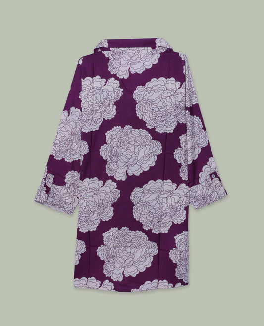 Wine Purple & Off-White Oversized Floral Printed Tunic Top with Shirt Collar, Short Button Placket & 3/4 Sleeves.