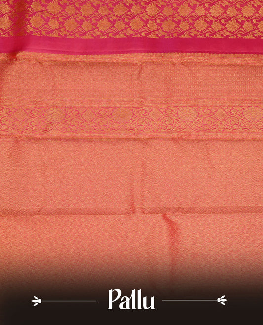 Rasberry colour kancheepuram silk saree featuring gold zari pattern across body, complemented by selfcolour border traditional zari border, paired with matching blouse piece.
