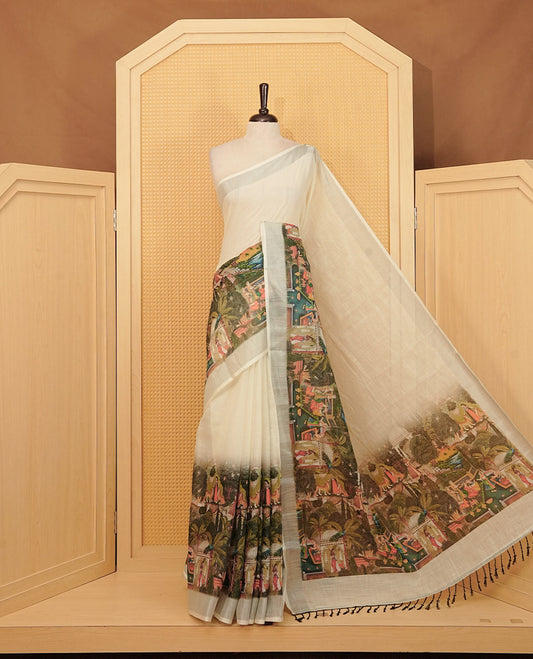 Off white Semi Linen Saree featuring One side Olive green Indian Cultural Painting print, silver tissue border, comes with Matching blouse piece with same unique Pattern.