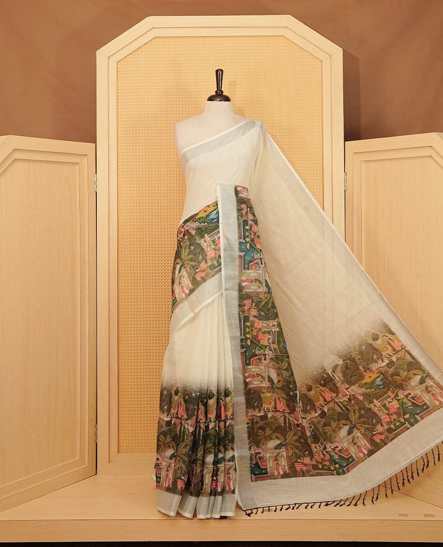 Off white Semi Linen Saree featuring One side Olive green Indian Cultural Painting print, silver tissue border, comes with Matching blouse piece with same unique Pattern.