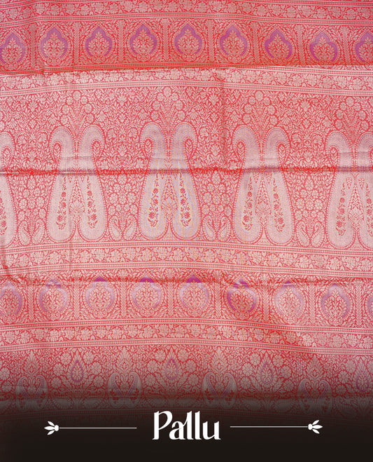Pink & Silver colour Double shade Semi tissue silk saree featuring self color Stripes on body, Contrast Magenta colour with traditional border, paired with matching.