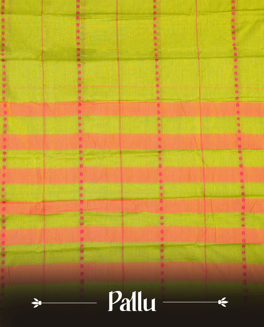 Lemon colour Narayanapattu cotton saree featuring a Rani pink colour stripped body, contrast rani pink colour with silver zari border and pallu, pairing a matching blouse piece.