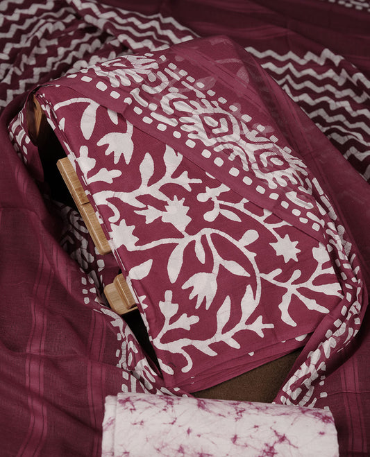 Grape wine colour churidar material featuring white floral printed body, paired with a matching chevron printed dupatta.
