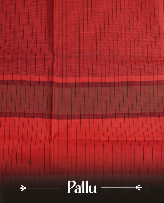 Red colour chettinad cotton saree featuring Check pattern on body, complemented by Contrast Maroon & Green Colour with gold zari border, comes with matching blouse piece.