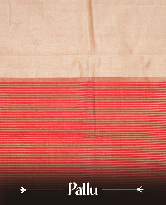 Cream colour tussar silk saree featuring elegant plain body, contrast orange colour border with gold zari, comes with matching blouse piece.