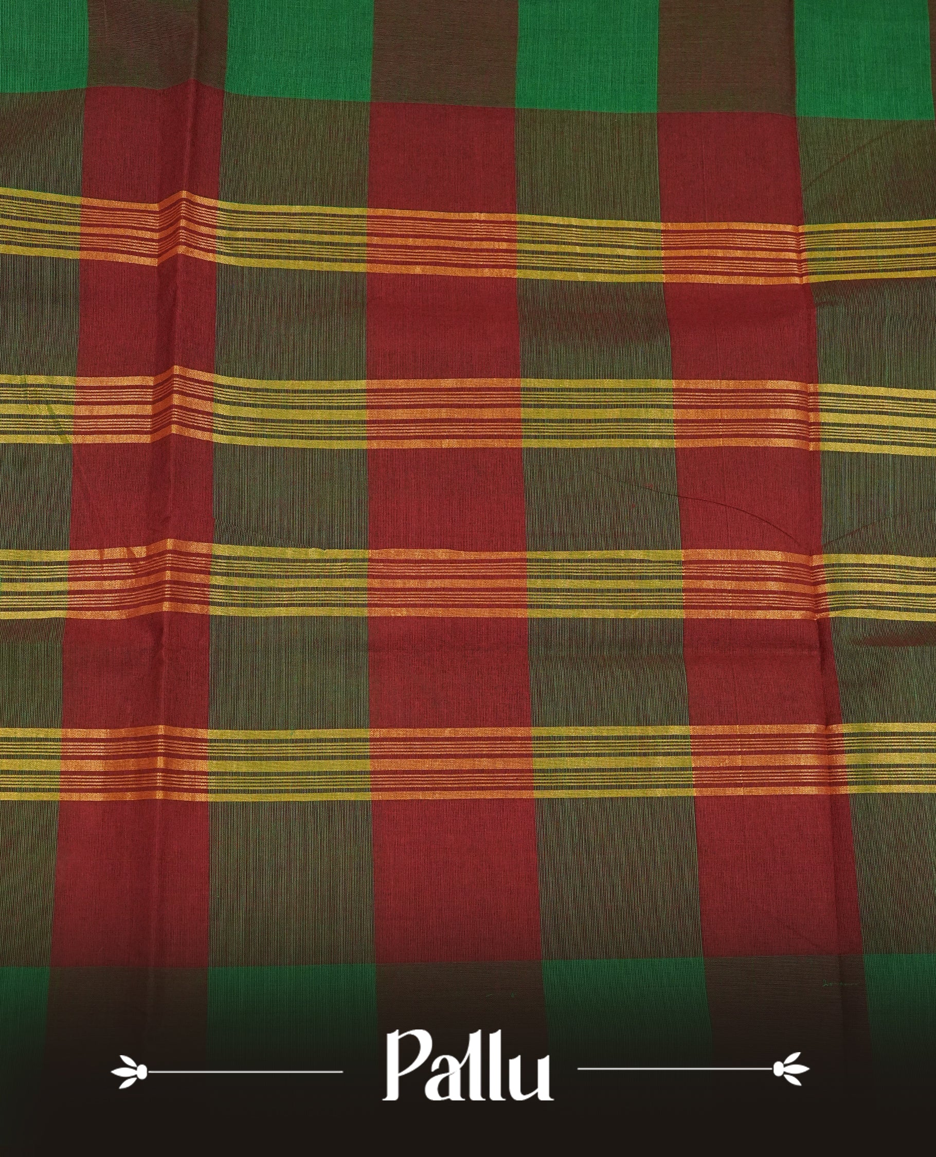 Maroon & green colour chettinad cotton saree featuring check pattern on body, complemented by Self Colour with gold zari border, comes with matching blouse piece.