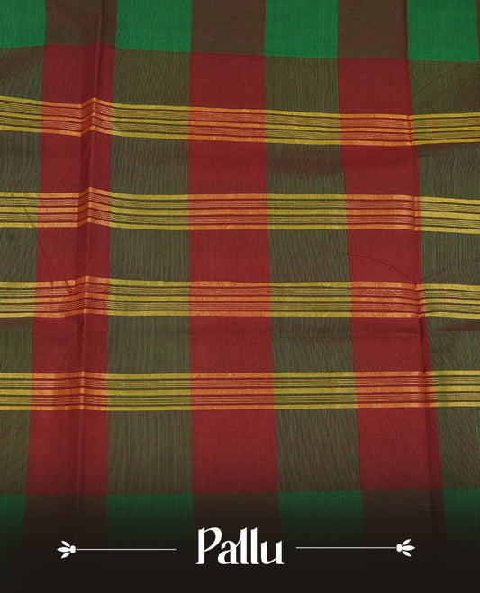 Maroon & green colour chettinad cotton saree featuring check pattern on body, complemented by Self Colour with gold zari border, comes with matching blouse piece.