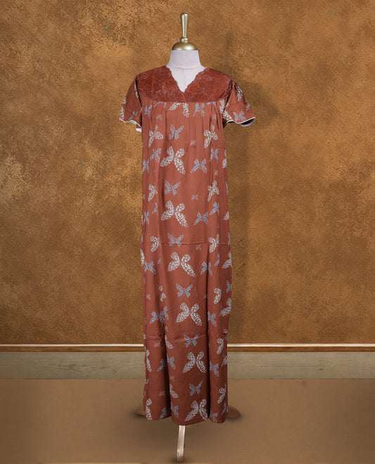 Brown colour NStyle nighty featuring Butterfly patterns, a V neckline with design lace, short sleeves, and a full ankle-length design.