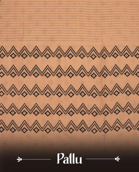 Pastel Orange colour poly cotton saree with black vertical dotted line pattern on the body, paired with a matching pallu featuring black zigzag geometric border, and a coordinated all‑over black stylised fleur‑de‑lis printed blouse piece.