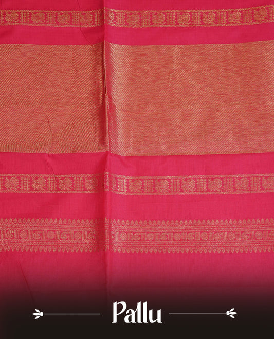 Rani pink colour chettinad cotton saree featuring gold zari motifs body, Contrast Maroon & Orange colour with Gold zari border, comes with matching blouse piece.