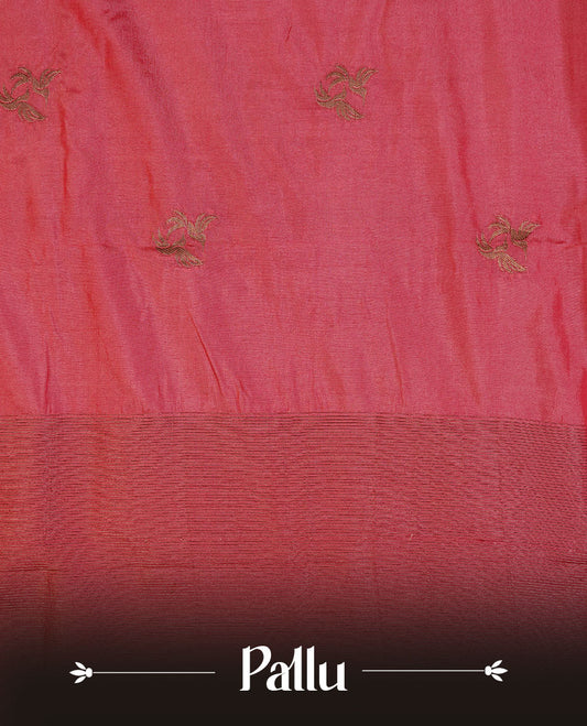 Pinkish red colour semi banaras tussar silk saree highlighting gold zari bird motifs on body, complemented by self colour with antique zari border, paired with matching blouse piece.