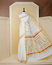 Cream Colour Cotton Kerala Saree Featuring an Elegant Plain Body, a Classy Gold Zari Border, and a Traditional Gold Zari Pallu with Orange Accents, Paired with a Matching Blouse Piece.